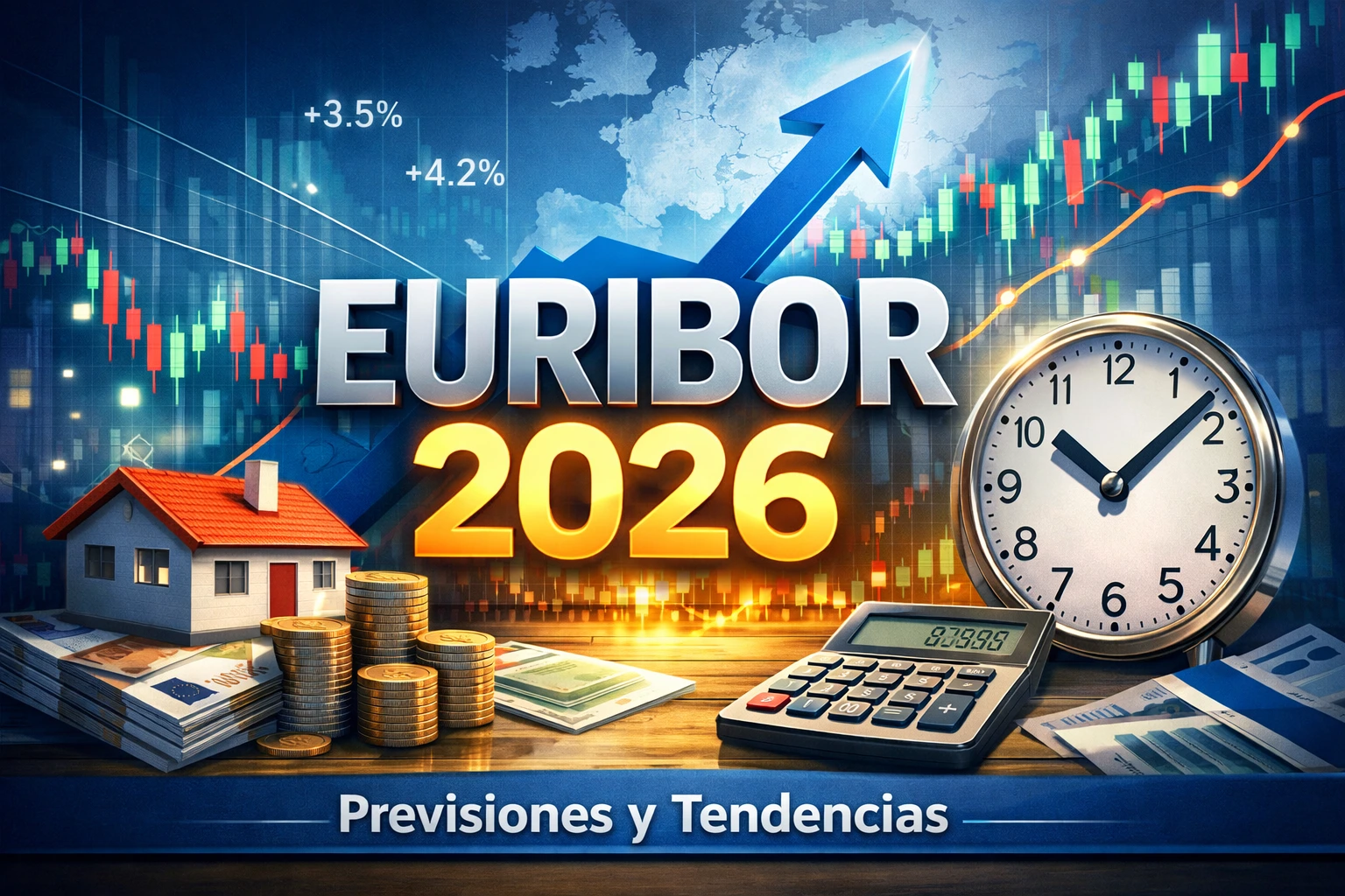 Gráfico de evolución del Euríbor con flecha y casa